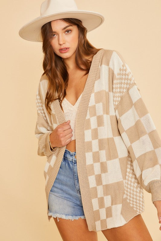 Checkered Open Front Drop Shoulder Cardigan - Vitalis Collection