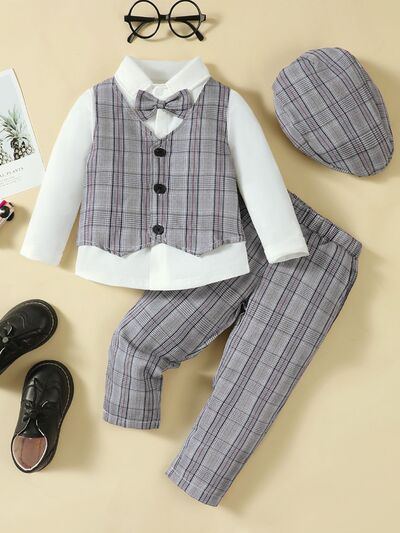 Hat, Long Sleeve Shirt, Plaid Vest and Pants 4-Piece Set - Vitalis Collection