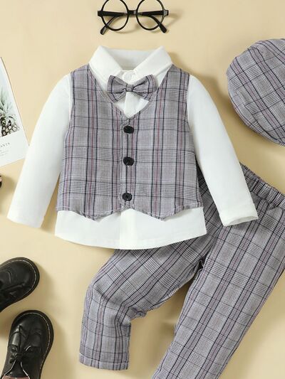 Hat, Long Sleeve Shirt, Plaid Vest and Pants 4-Piece Set - Vitalis Collection