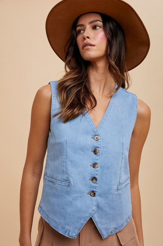 Button Down V-Neck Denim Vest - Vitalis Collection