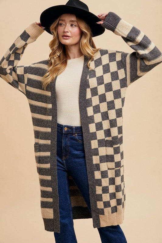 Checkered & Striped Open Front Long Sleeve Cardigan - Vitalis Collection