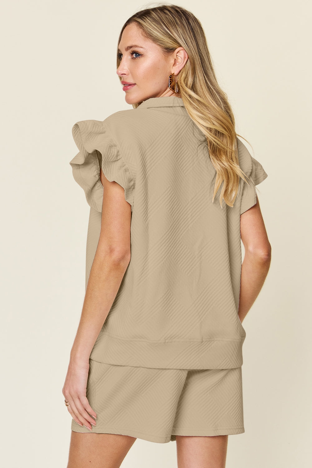 Double Take Full Size Texture Flounce Sleeve Top and Drawstring Shorts Set - Vitalis Collection