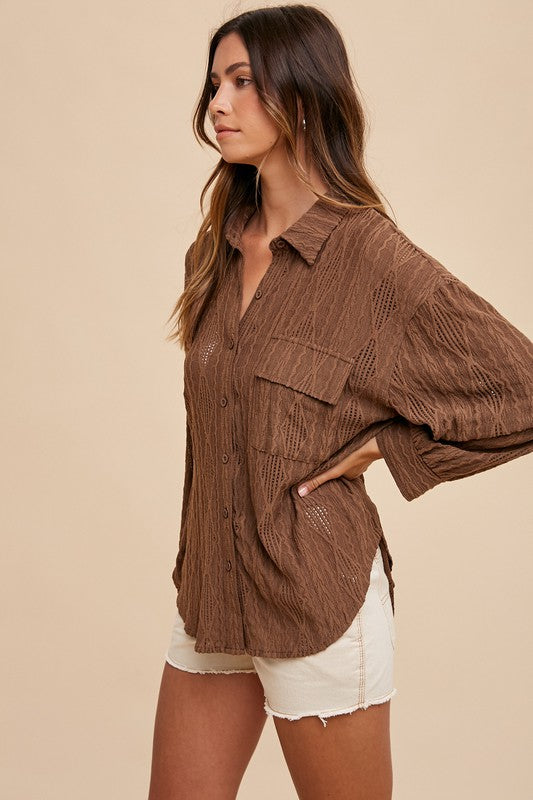 Openwork Button Down Drop Shoulder Shirt - Vitalis Collection