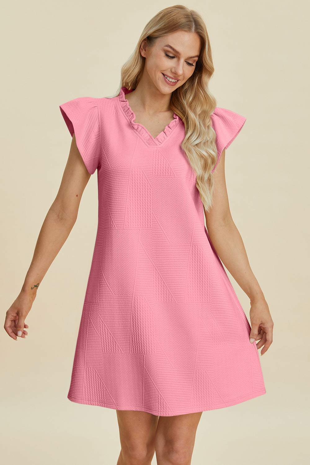 Double Take Full Size Ruffled V-Neck Cap Sleeve Dress - Vitalis Collection