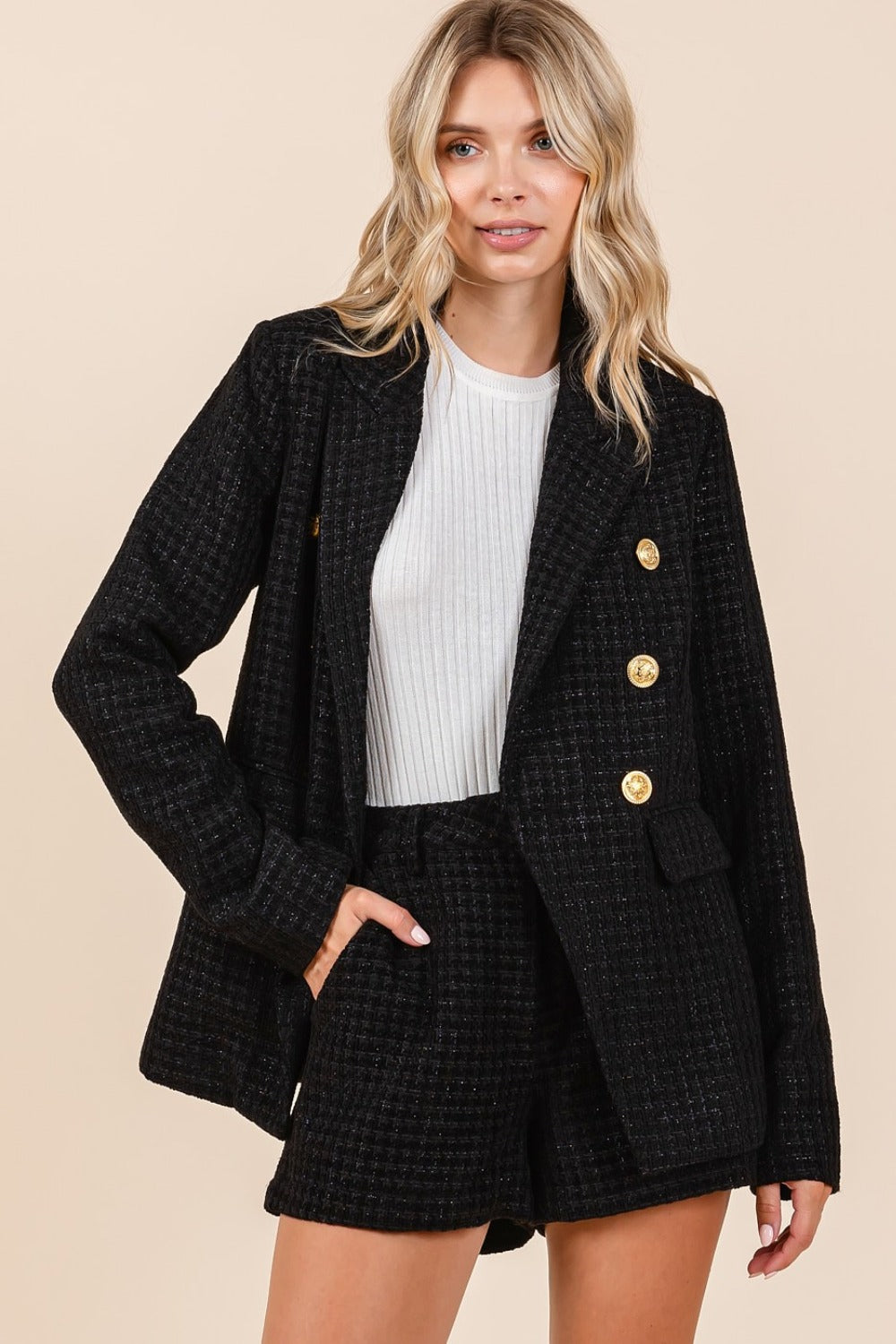Plaid Texture Double-Breasted Long Sleeve Blazer - Vitalis Collection