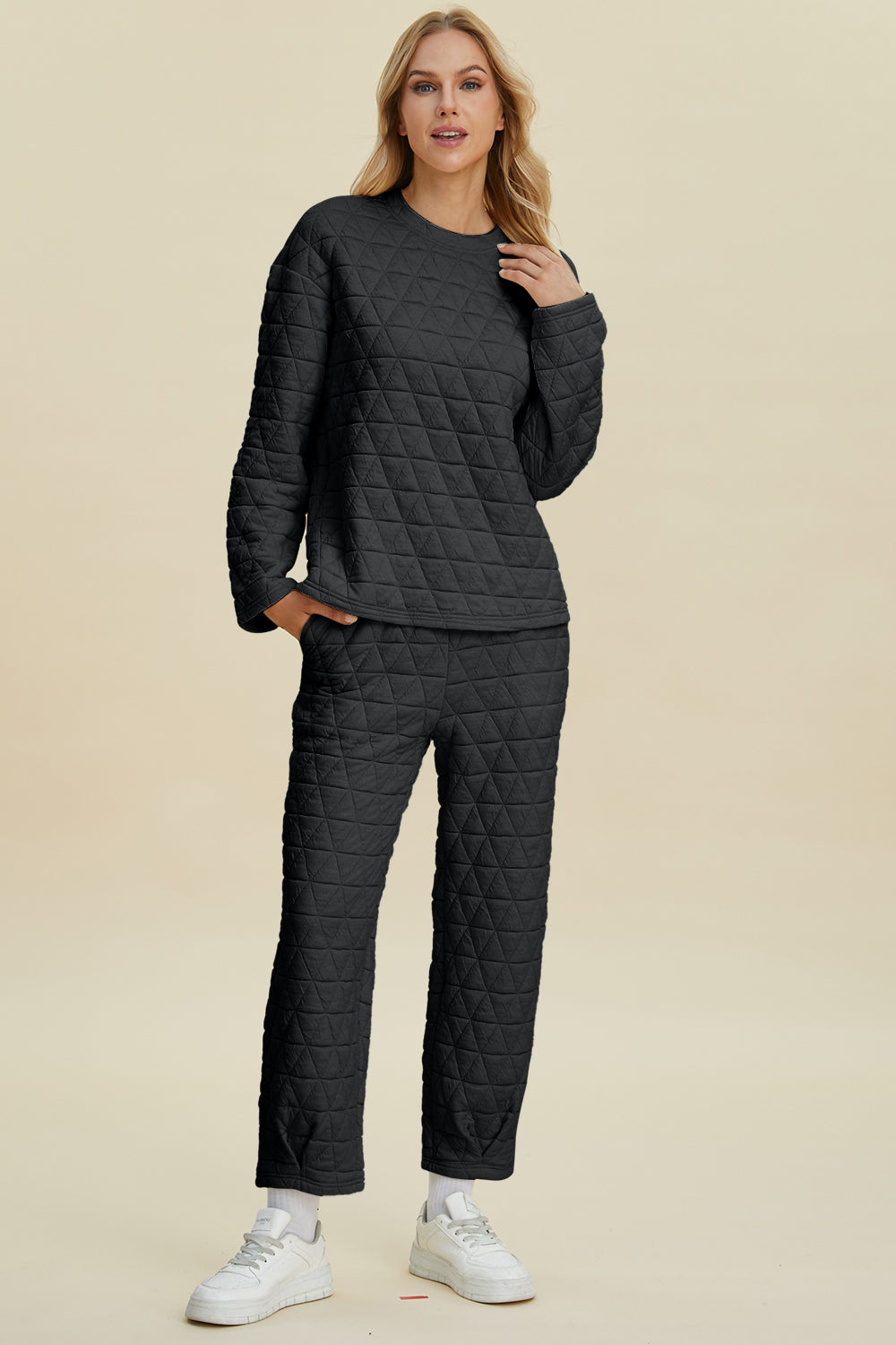 Double Take Full Size Texture Round Neck Long Sleeve Top and Pants Set - Vitalis Collection