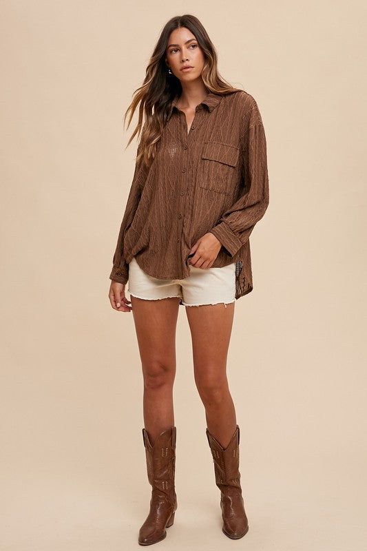 Openwork Button Down Drop Shoulder Shirt - Vitalis Collection