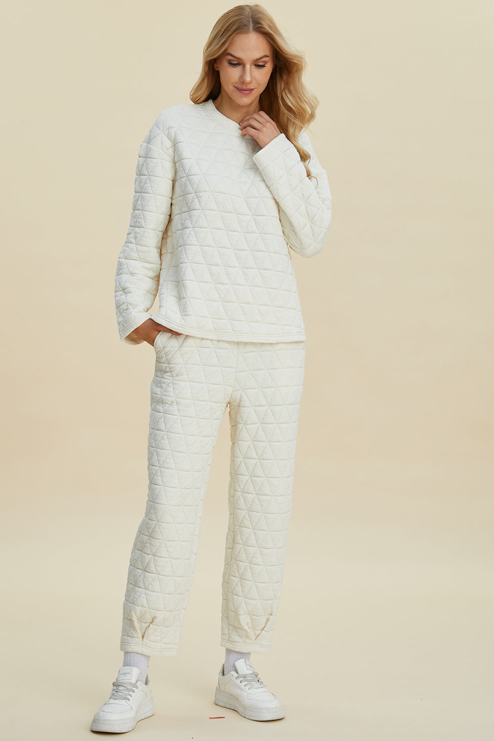 Double Take Full Size Texture Round Neck Long Sleeve Top and Pants Set - Vitalis Collection