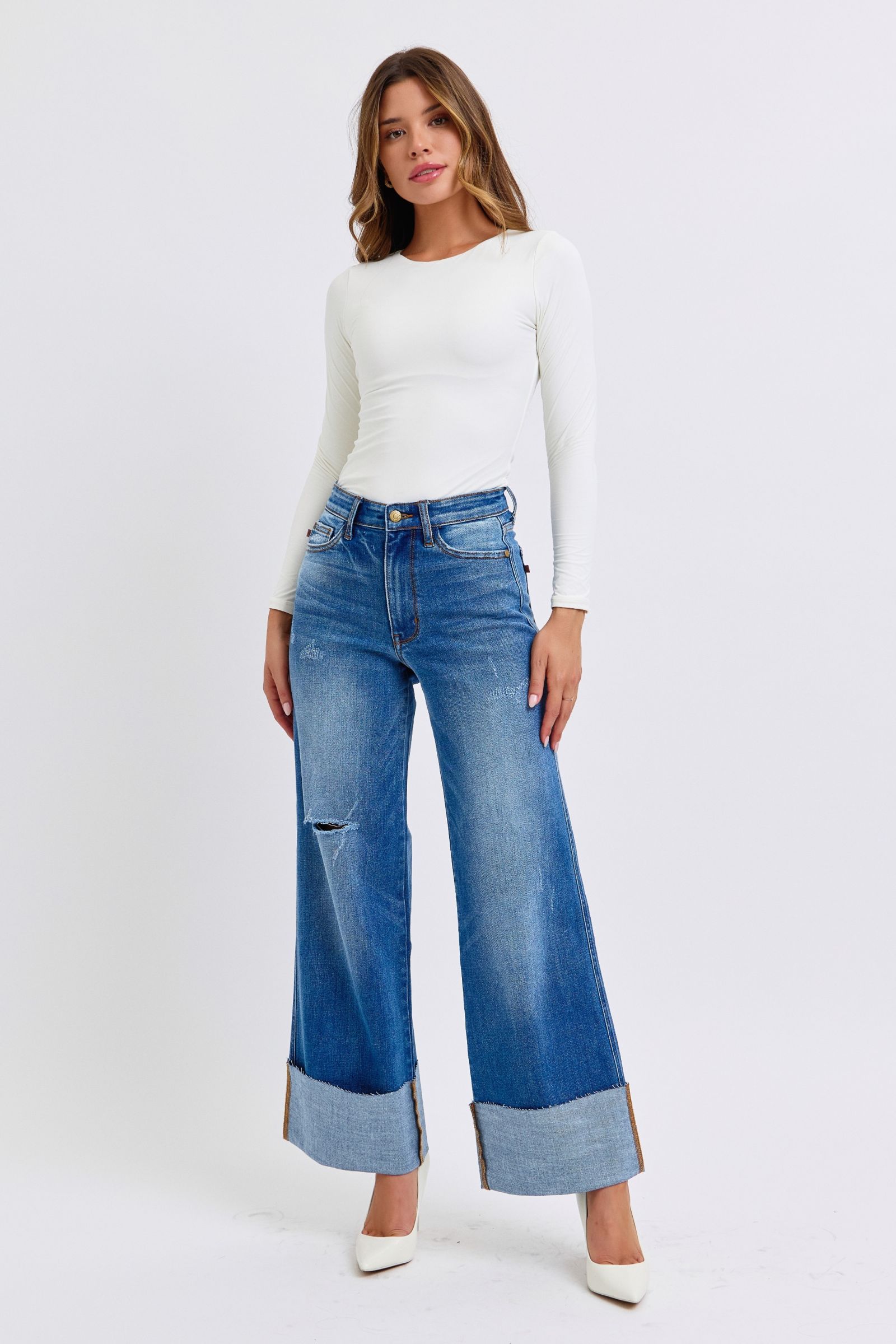 Judy Blue Full Size Distressed High Waist Wide Leg Jeans - Vitalis Collection