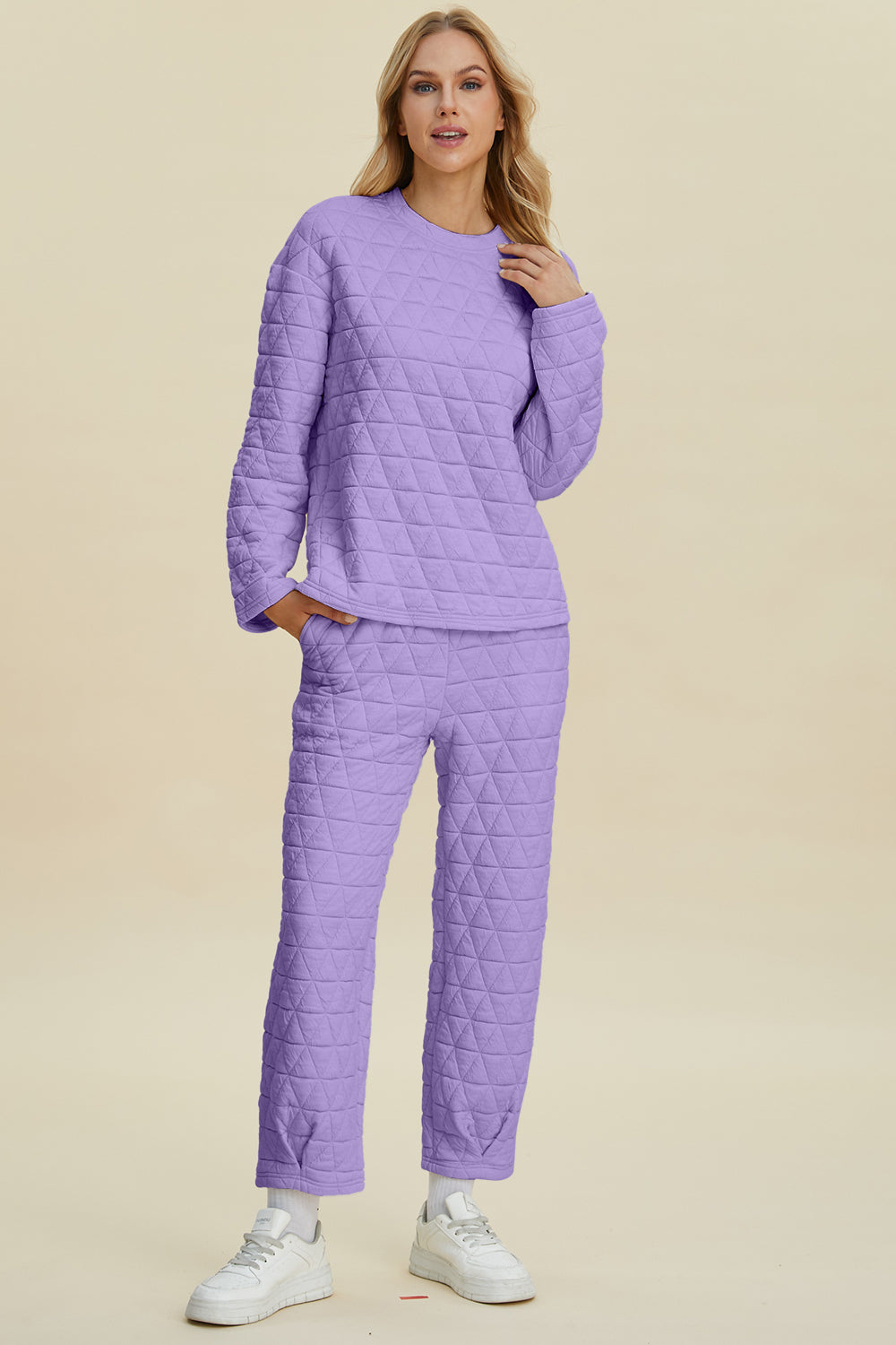 Double Take Full Size Texture Round Neck Long Sleeve Top and Pants Set - Vitalis Collection