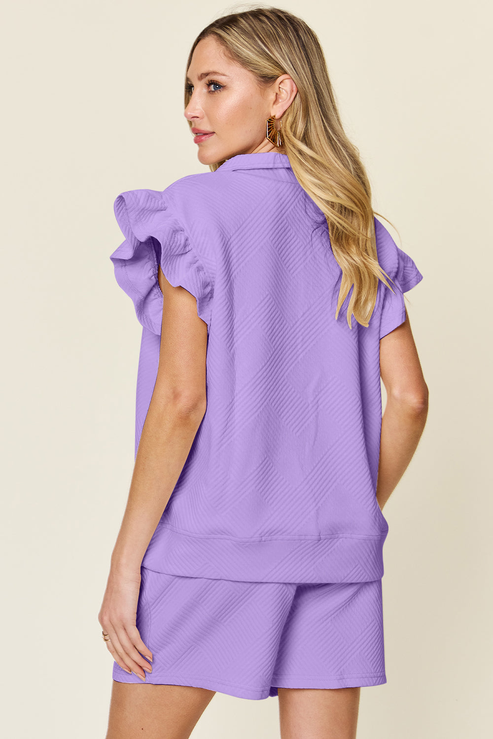 Double Take Full Size Texture Flounce Sleeve Top and Drawstring Shorts Set - Vitalis Collection