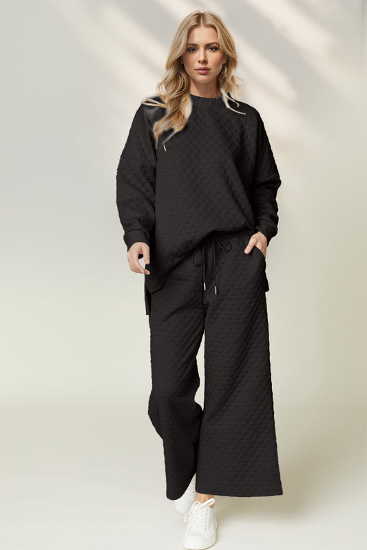 Double Take Checkered Slit High-Low Round Neck Top and Wide Leg Pants Set - Vitalis Collection