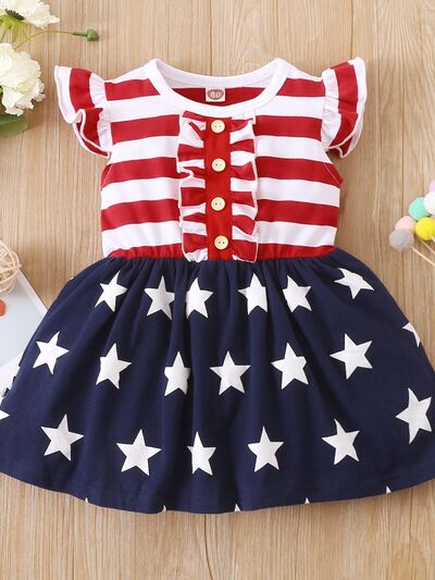Striped & Stars Ruffled Round Neck Cap Sleeve Dress - Vitalis Collection