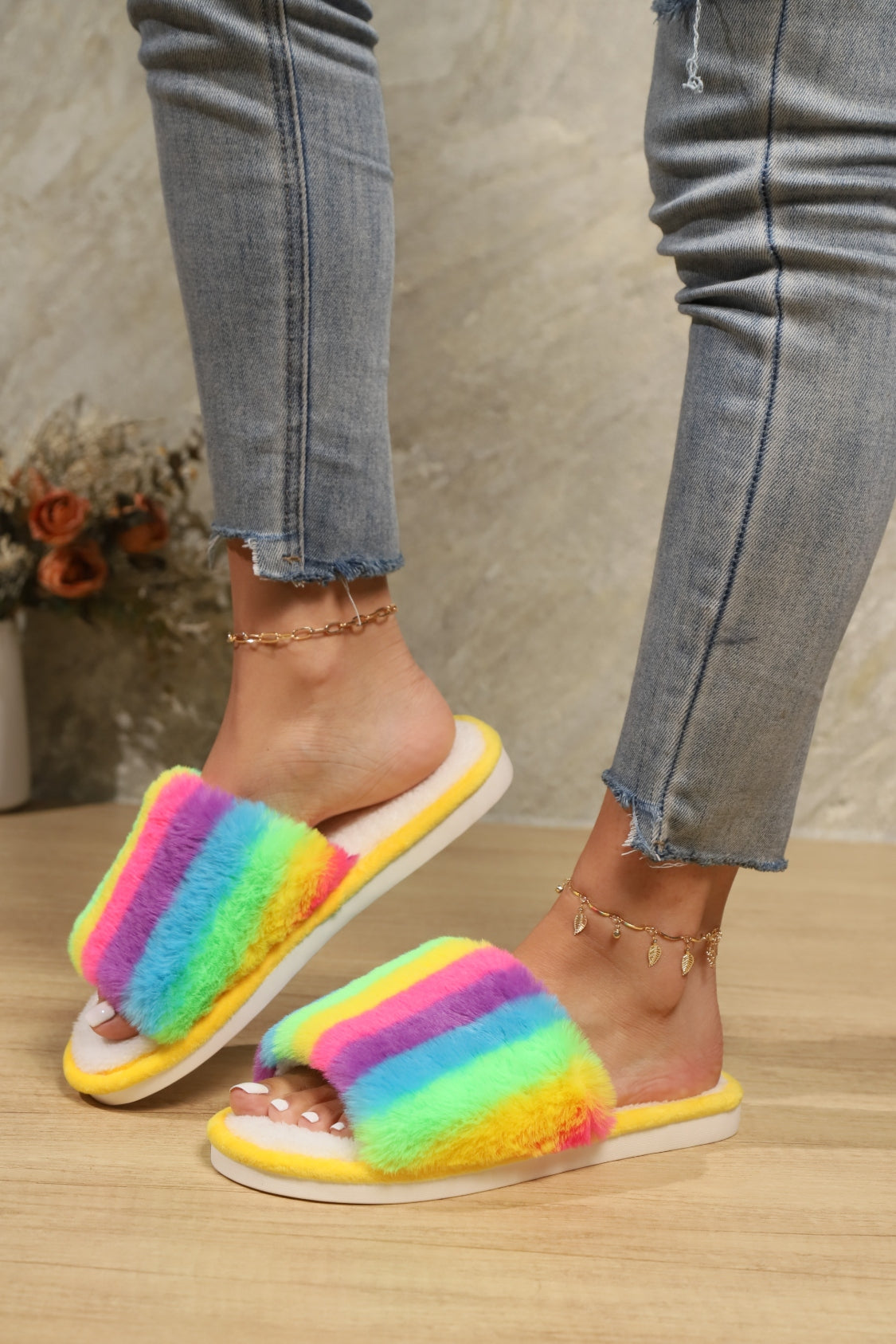 Color Block Open Toe Faux Fur PVC Slippers - Vitalis Collection