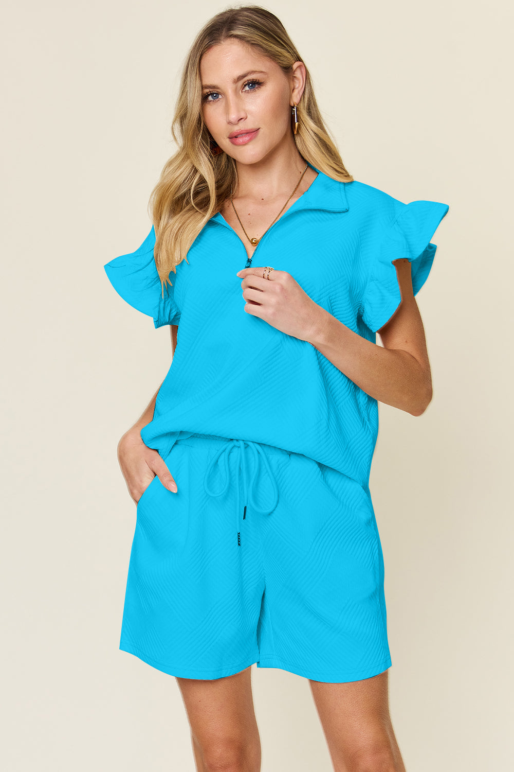 Double Take Full Size Texture Flounce Sleeve Top and Drawstring Shorts Set - Vitalis Collection