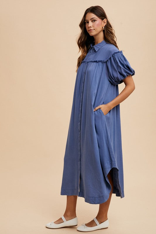 Mineral Washed Button Down Puff Sleeve Shirt Dress - Vitalis Collection