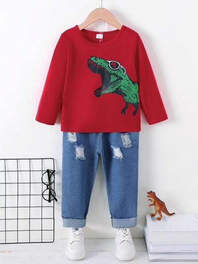 Dinosaur Round Neck Long Sleeve Top and Distressed Pants Set - Vitalis Collection