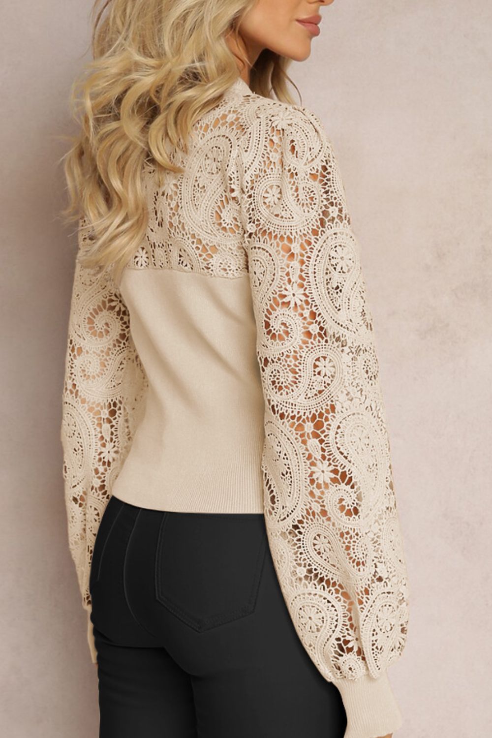 Lace Patchwork Round Neck Long Sleeve Blouse - Vitalis Collection