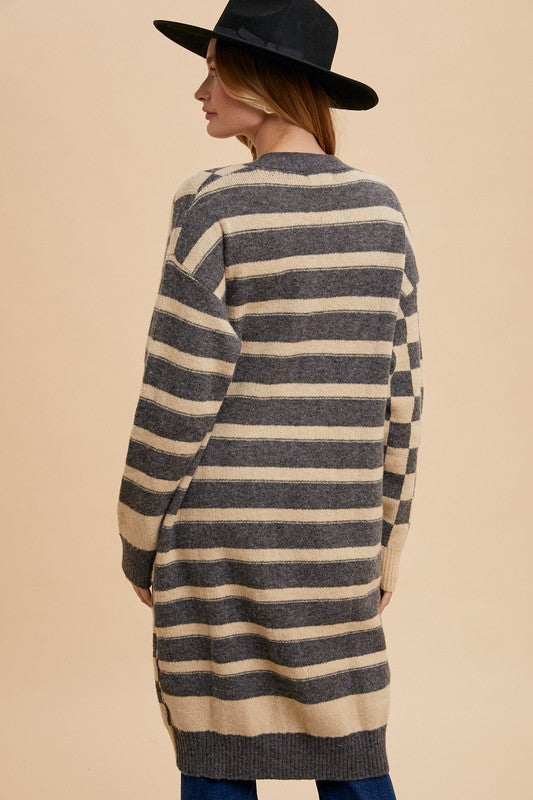 Checkered & Striped Open Front Long Sleeve Cardigan - Vitalis Collection