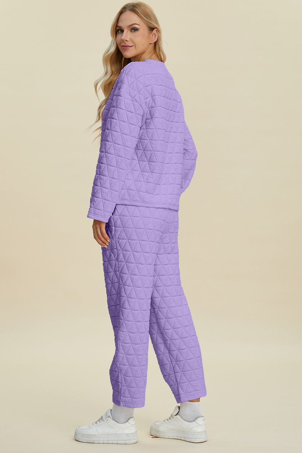 Double Take Full Size Texture Round Neck Long Sleeve Top and Pants Set - Vitalis Collection
