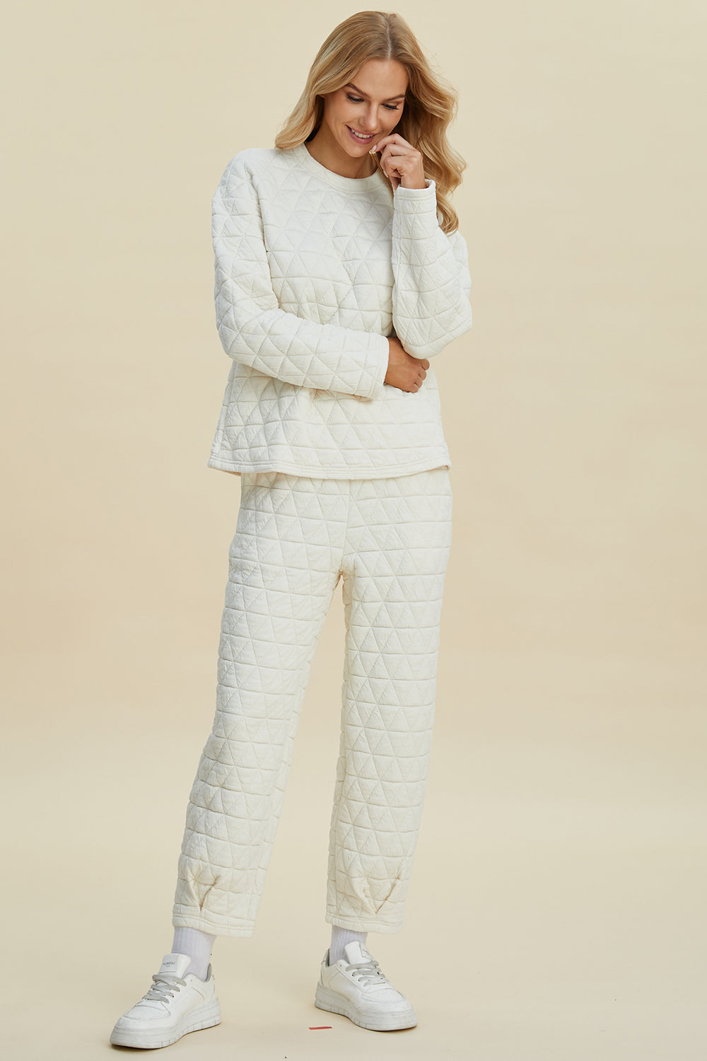 Double Take Full Size Texture Round Neck Long Sleeve Top and Pants Set - Vitalis Collection