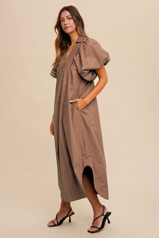 Smocked Puff Sleeve Midi Dress - Vitalis Collection