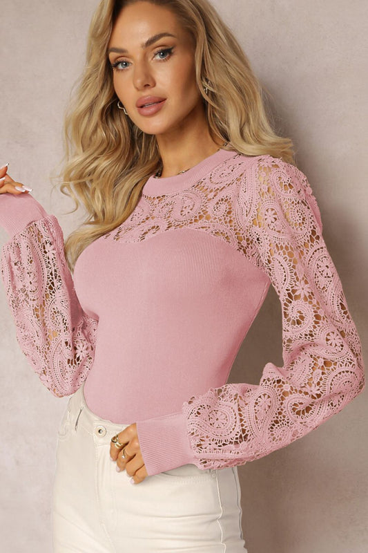 Lace Patchwork Round Neck Long Sleeve Blouse - Vitalis Collection