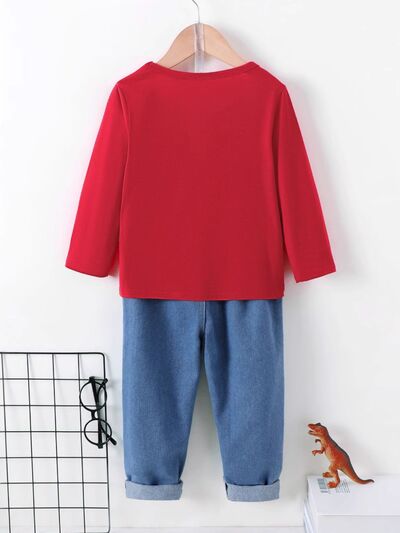 Dinosaur Round Neck Long Sleeve Top and Distressed Pants Set - Vitalis Collection