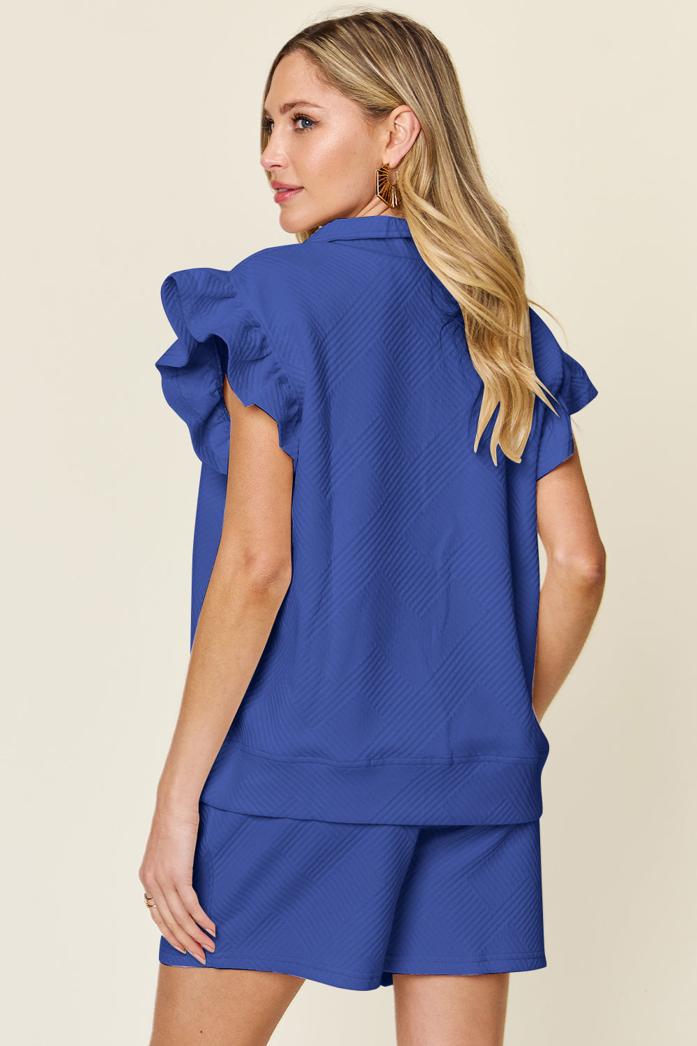 Double Take Full Size Texture Flounce Sleeve Top and Drawstring Shorts Set - Vitalis Collection