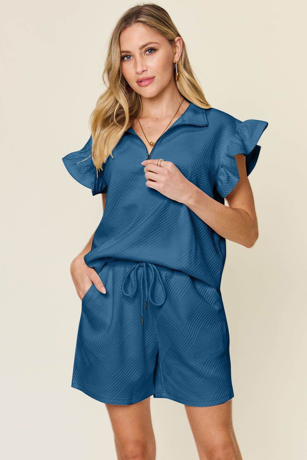 Double Take Full Size Texture Flounce Sleeve Top and Drawstring Shorts Set - Vitalis Collection