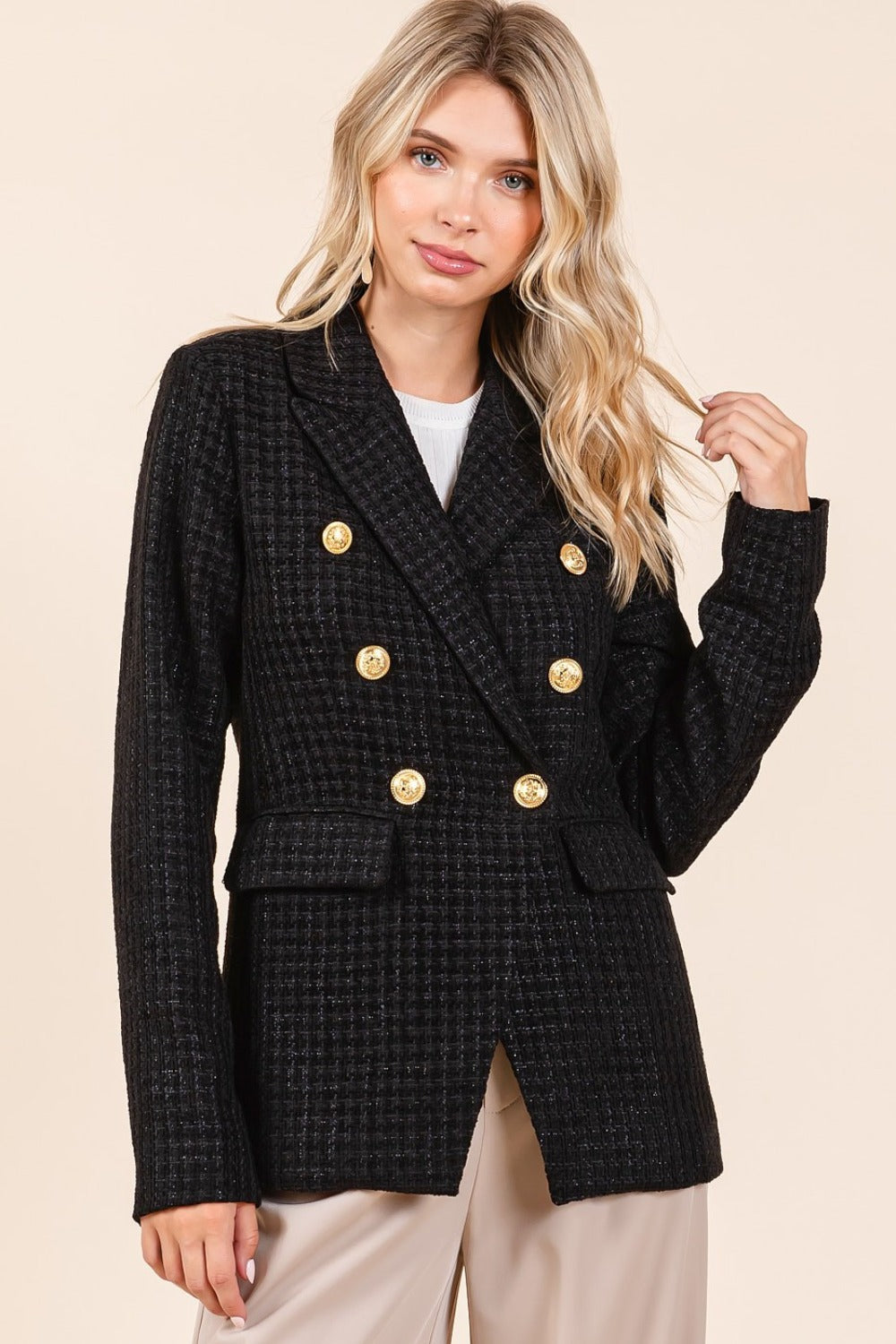 Plaid Texture Double-Breasted Long Sleeve Blazer - Vitalis Collection