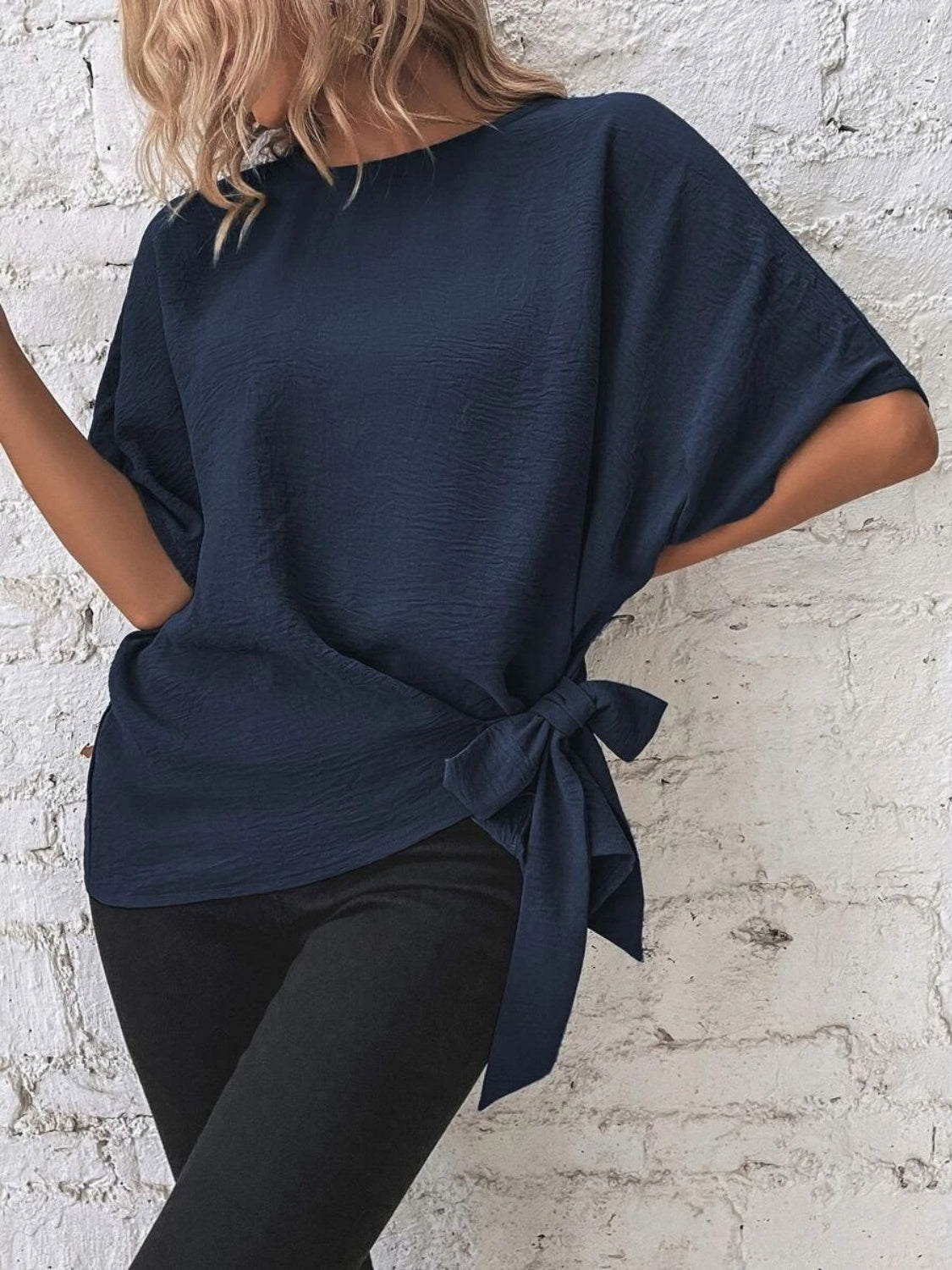 Knotted Round Neck Half Sleeve Blouse - Vitalis Collection