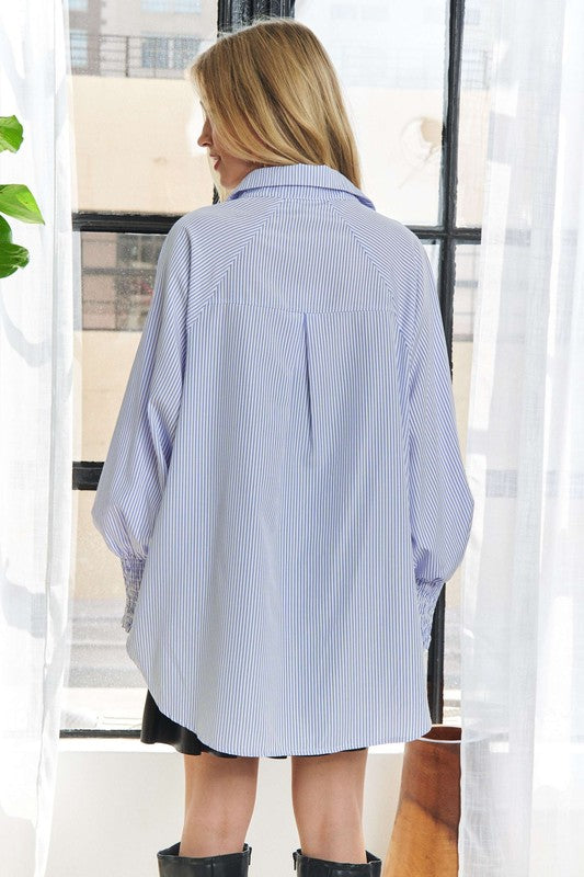 High-Low Striped Button Down Smocked Lantern Sleeve Shirt - Vitalis Collection