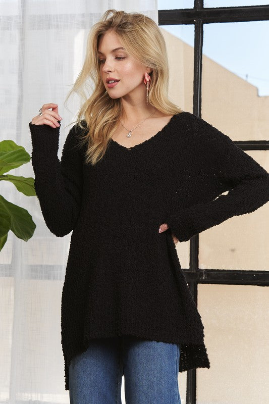 High-Low Side Slit V-Neck Sweater - Vitalis Collection