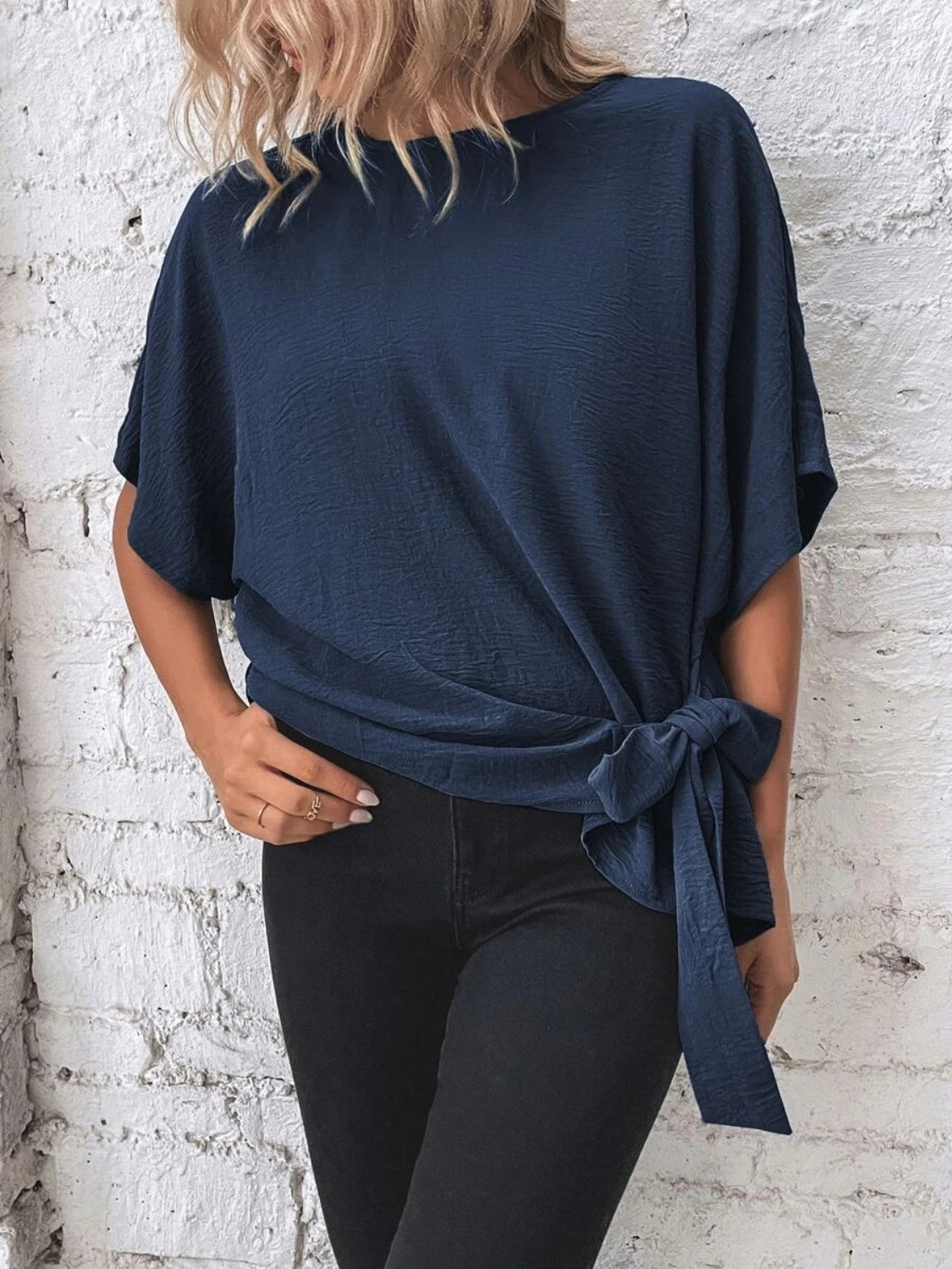 Knotted Round Neck Half Sleeve Blouse - Vitalis Collection