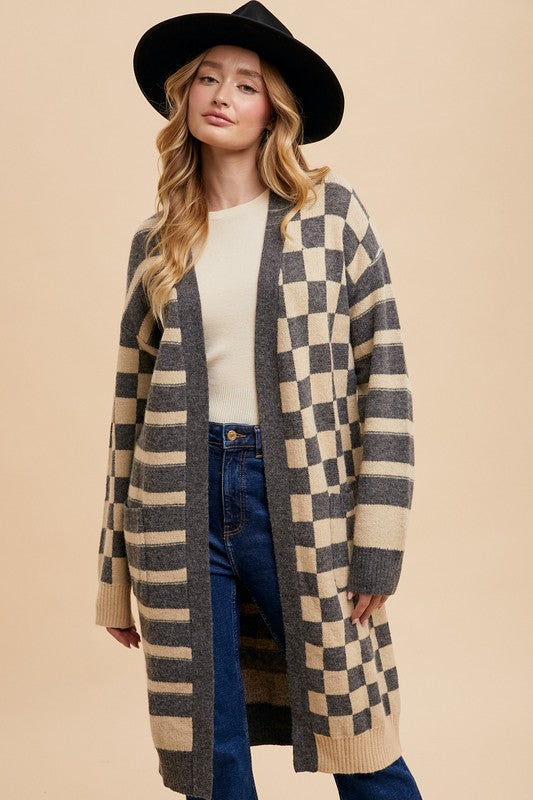 Checkered & Striped Open Front Long Sleeve Cardigan - Vitalis Collection