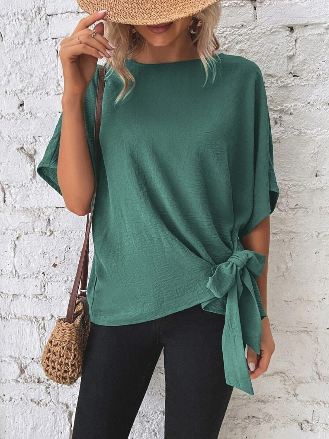 Knotted Round Neck Half Sleeve Blouse - Vitalis Collection