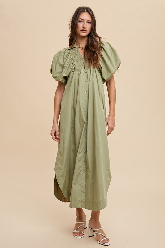 Smocked Puff Sleeve Midi Dress - Vitalis Collection