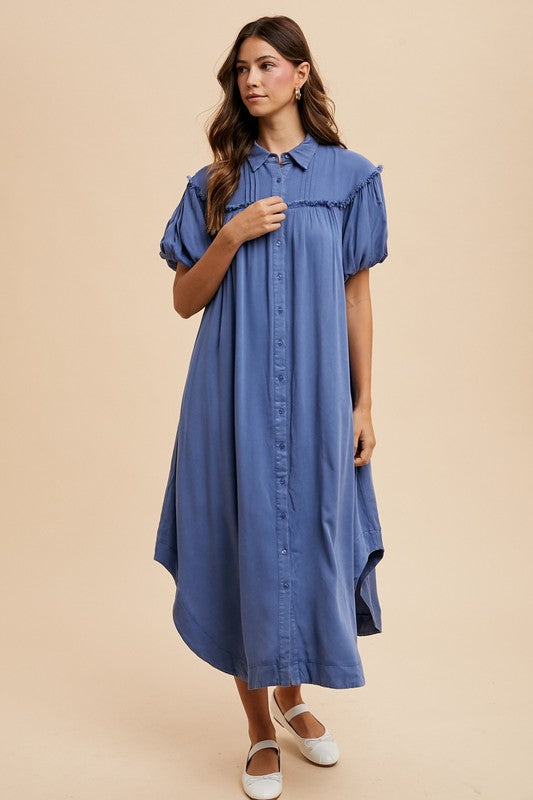 Mineral Washed Button Down Puff Sleeve Shirt Dress - Vitalis Collection