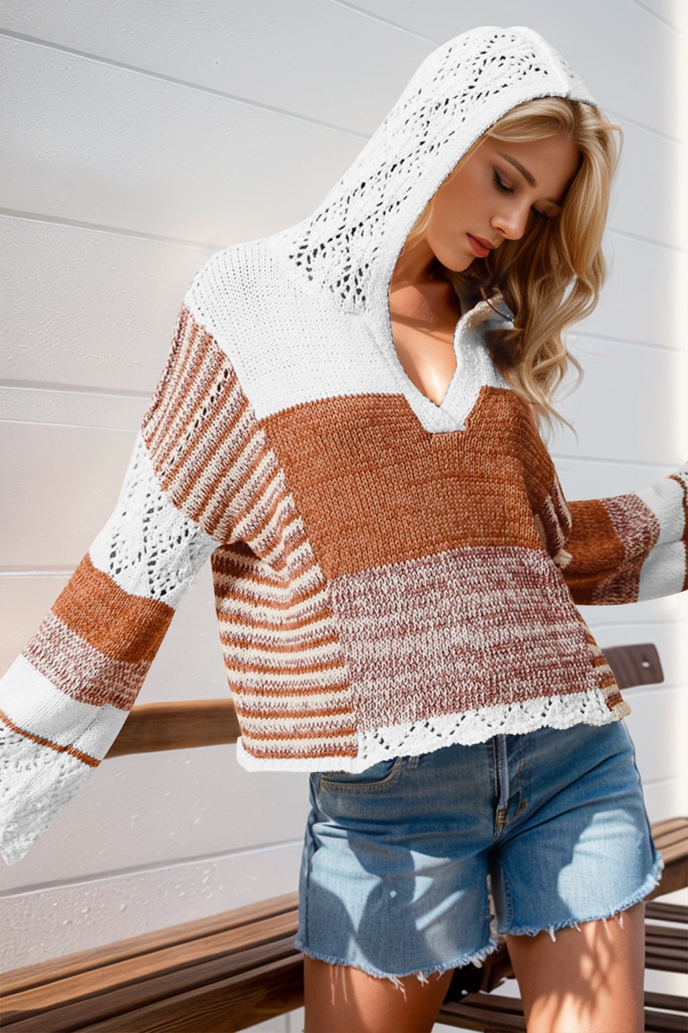 Double Take Full Size Openwork Contrast Long Sleeve Hooded Sweater - Vitalis Collection