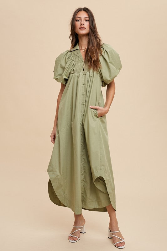 Smocked Puff Sleeve Midi Dress - Vitalis Collection