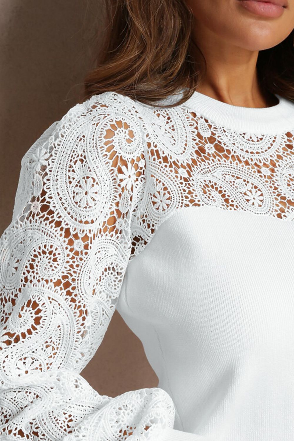 Lace Patchwork Round Neck Long Sleeve Blouse - Vitalis Collection