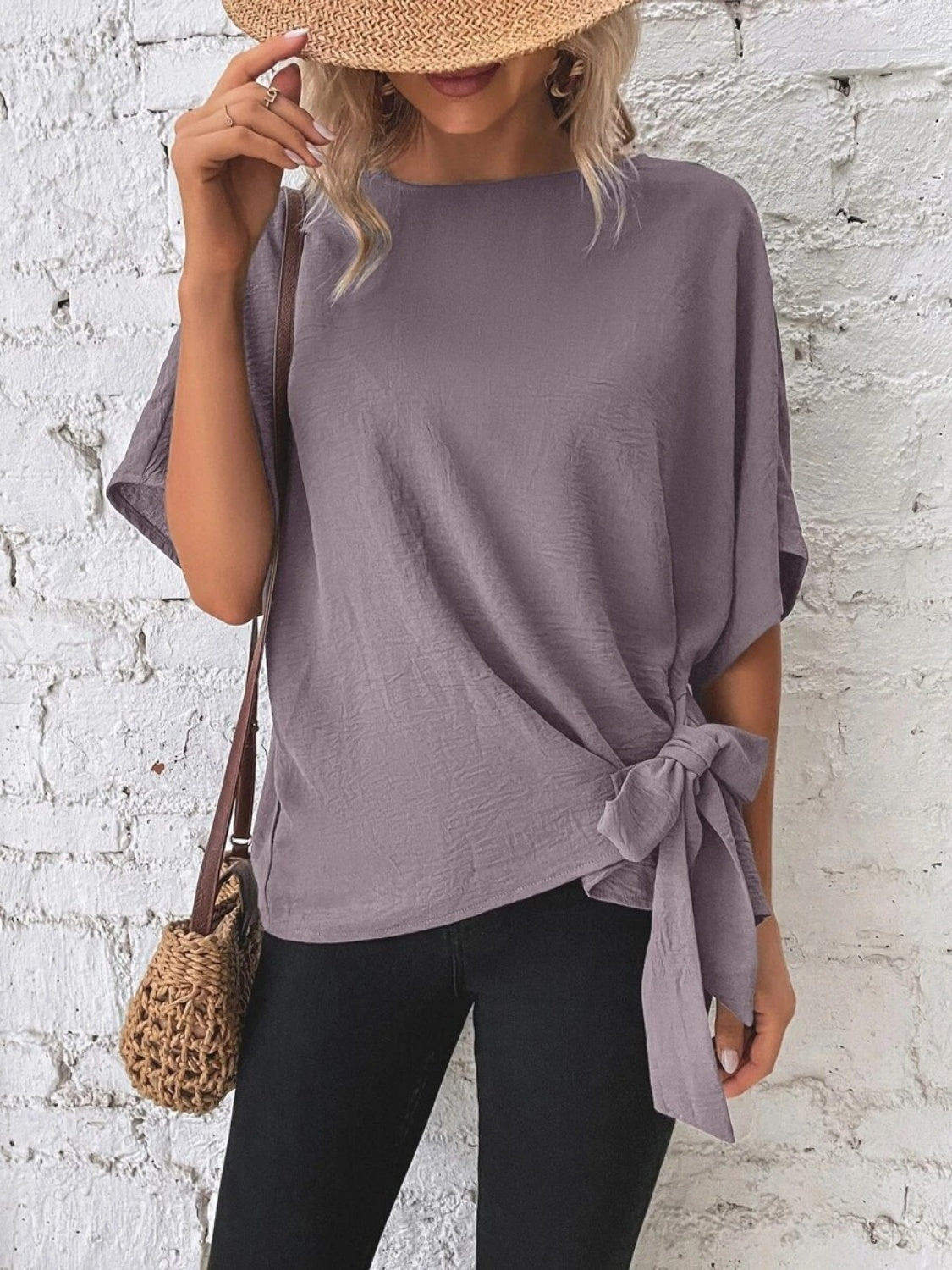 Knotted Round Neck Half Sleeve Blouse - Vitalis Collection