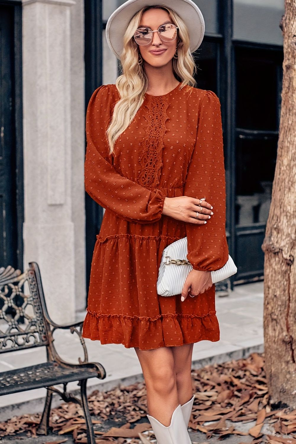 Lace Detail Swiss Dot Round Neck Mini Dress - Vitalis Collection
