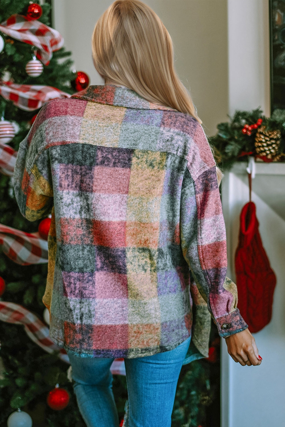 Double Take Full Size Button Up Plaid Fleece Shacket with Pockets - Vitalis Collection