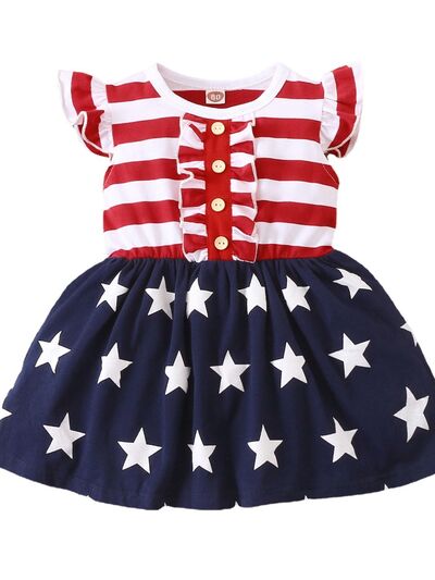 Striped & Stars Ruffled Round Neck Cap Sleeve Dress - Vitalis Collection