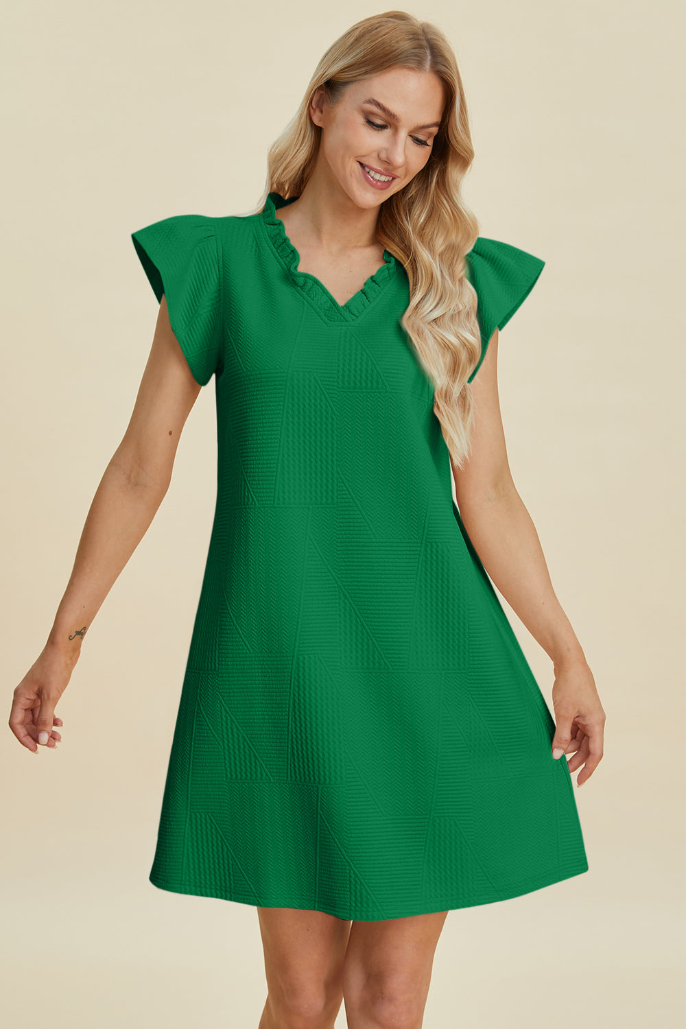 Double Take Full Size Ruffled V-Neck Cap Sleeve Dress - Vitalis Collection