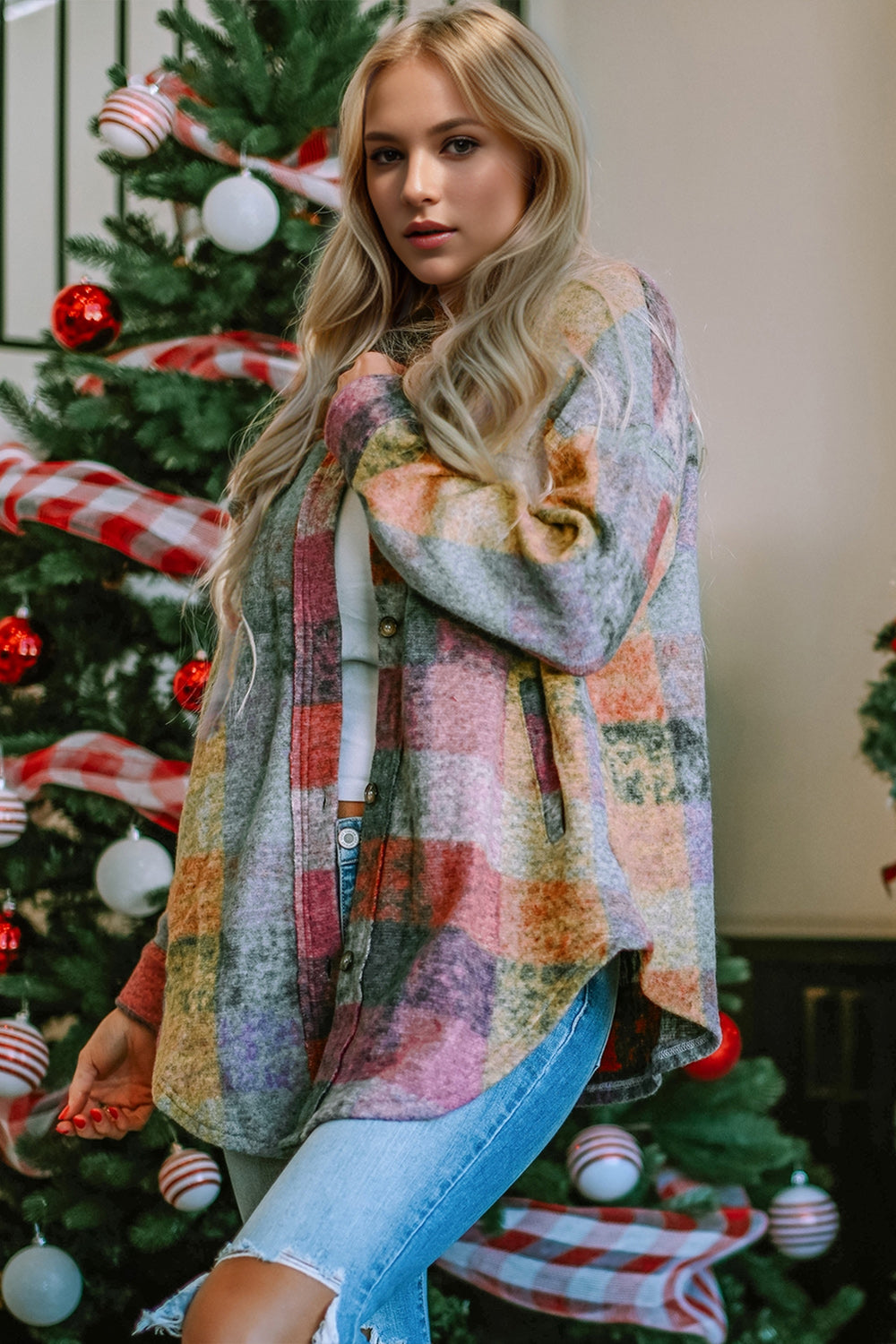 Double Take Full Size Button Up Plaid Fleece Shacket with Pockets - Vitalis Collection