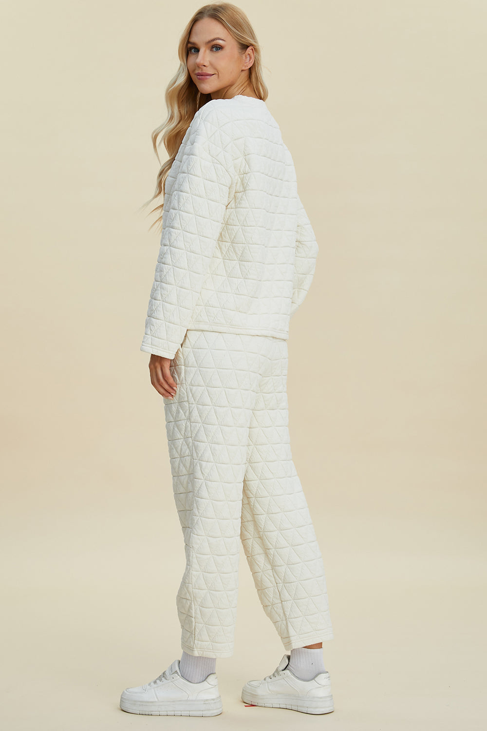 Double Take Full Size Texture Round Neck Long Sleeve Top and Pants Set - Vitalis Collection