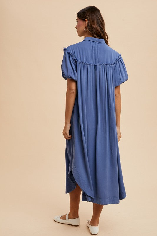 Mineral Washed Button Down Puff Sleeve Shirt Dress - Vitalis Collection